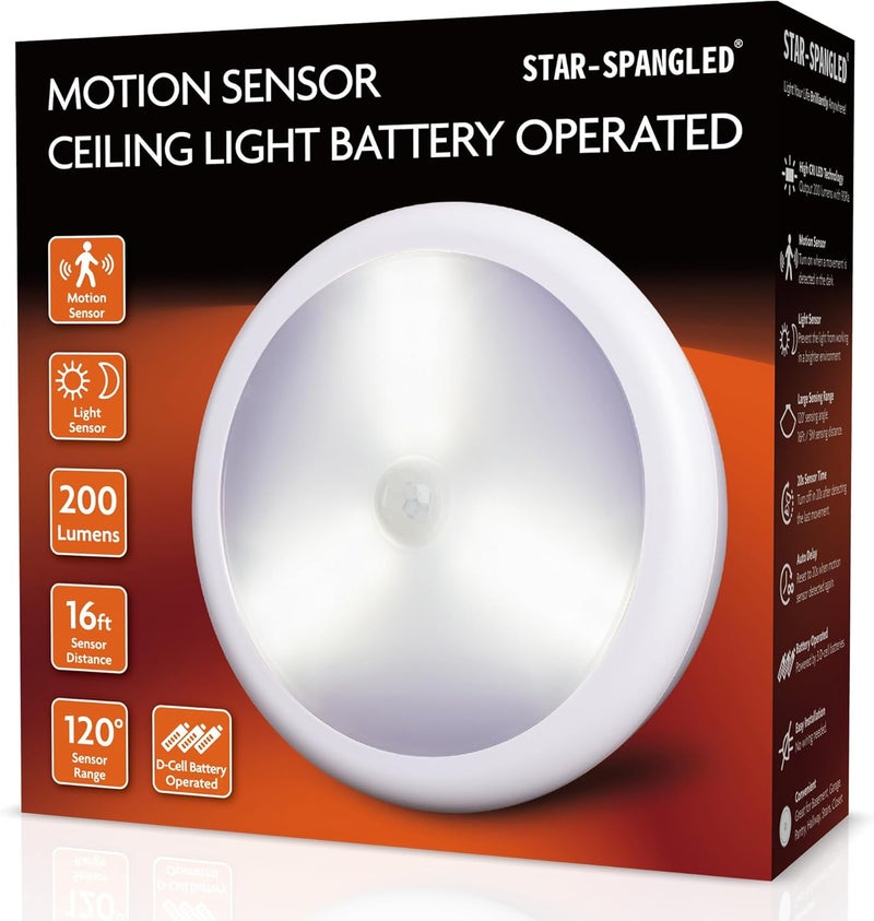 STAR-SPANGLED 6.3” Motion Sensor Ceiling Light Indoor AA or D-Cell Battery Operated for Hallway, Stairs, Basement, Garage, Laundry Area, Closet, Natural White, AA to D Battery Adapters Included - Image 1
